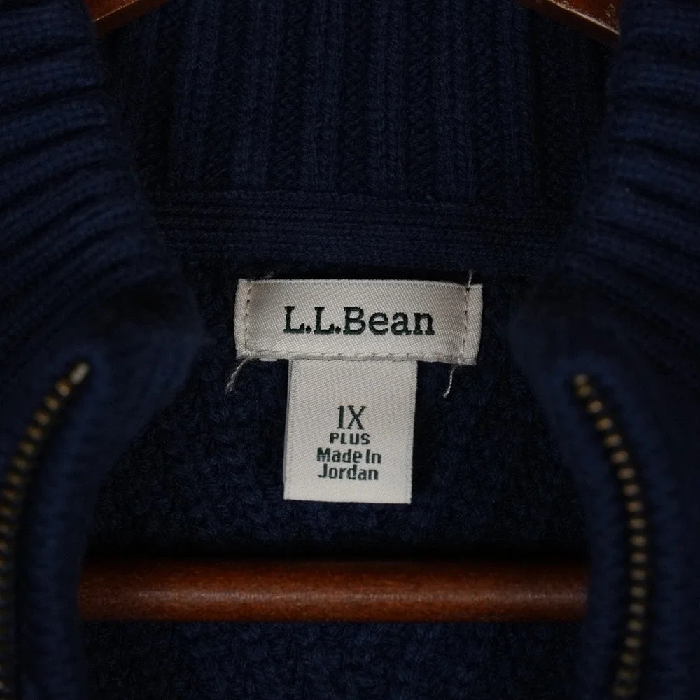 L.L.Bean Quarter Zip Sweater Mens 1X Blue Shaker Knit Chevron Cotton Blend